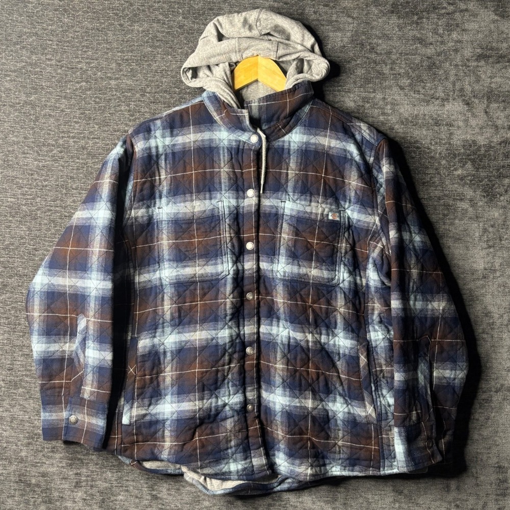 Dickies Mens Quilted Flannel Hooded Shirt Jacket Blue Brown Plaid Large Workwear